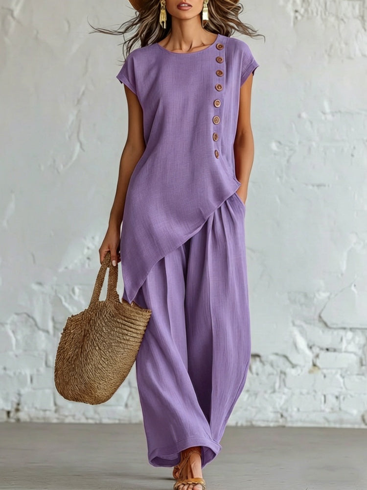 Asymmetrical Button Side Top &amp; Wide Leg Pants 2 Piece Linen Look Outfit Set