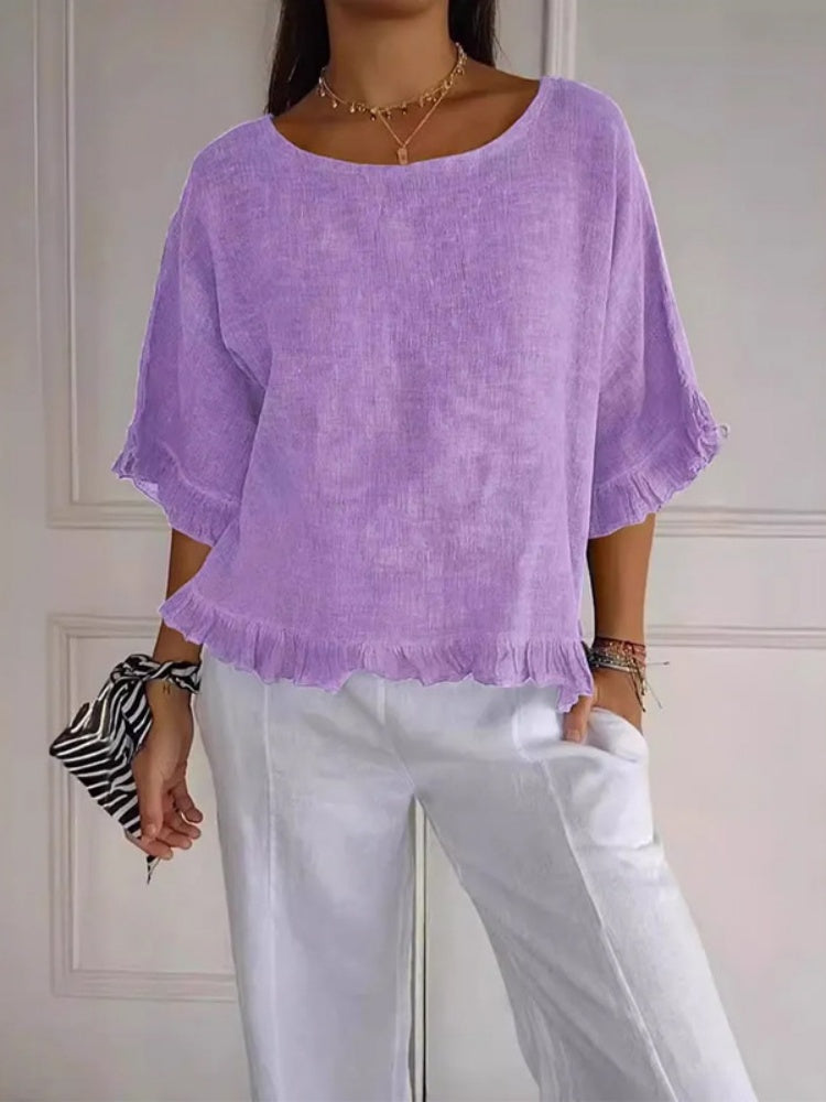 Crew Neck Ruffle Trim Short Sleeve Casual Cotton Blouse