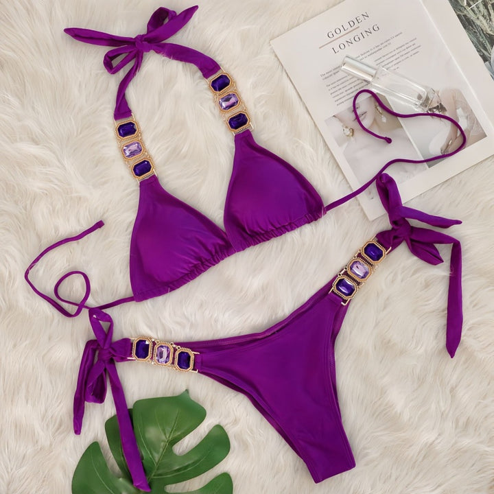 Crystal Embellished Halter Triangle Bikini Set