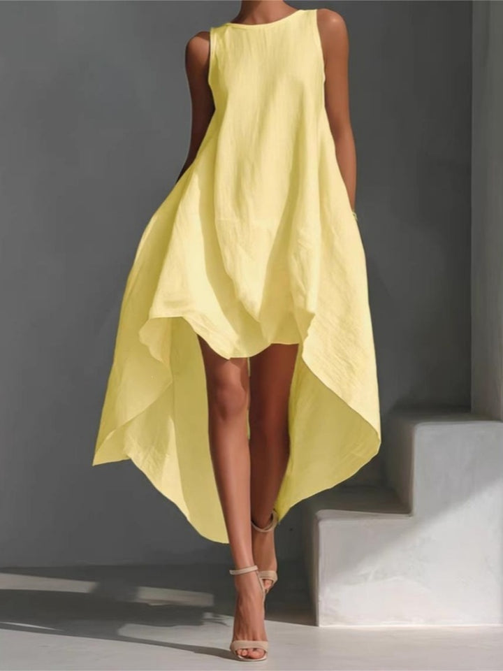 Sleeveless cotton-linen dress with a high-low hem
