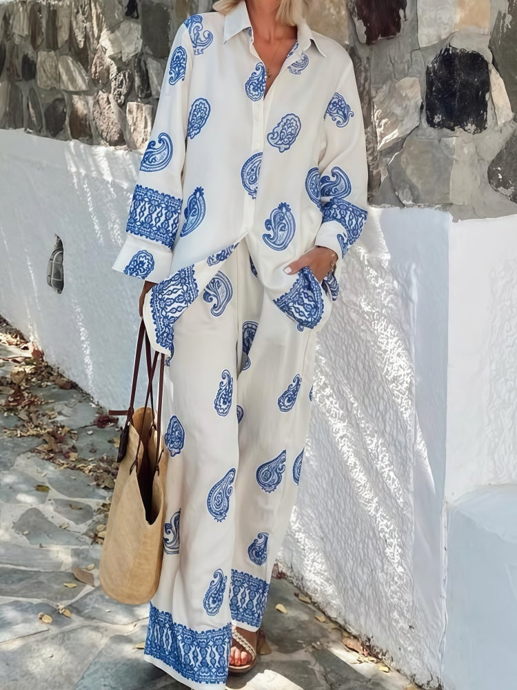 Printed Loose Long-Sleeve Shirt and Pants Two-Piece Set