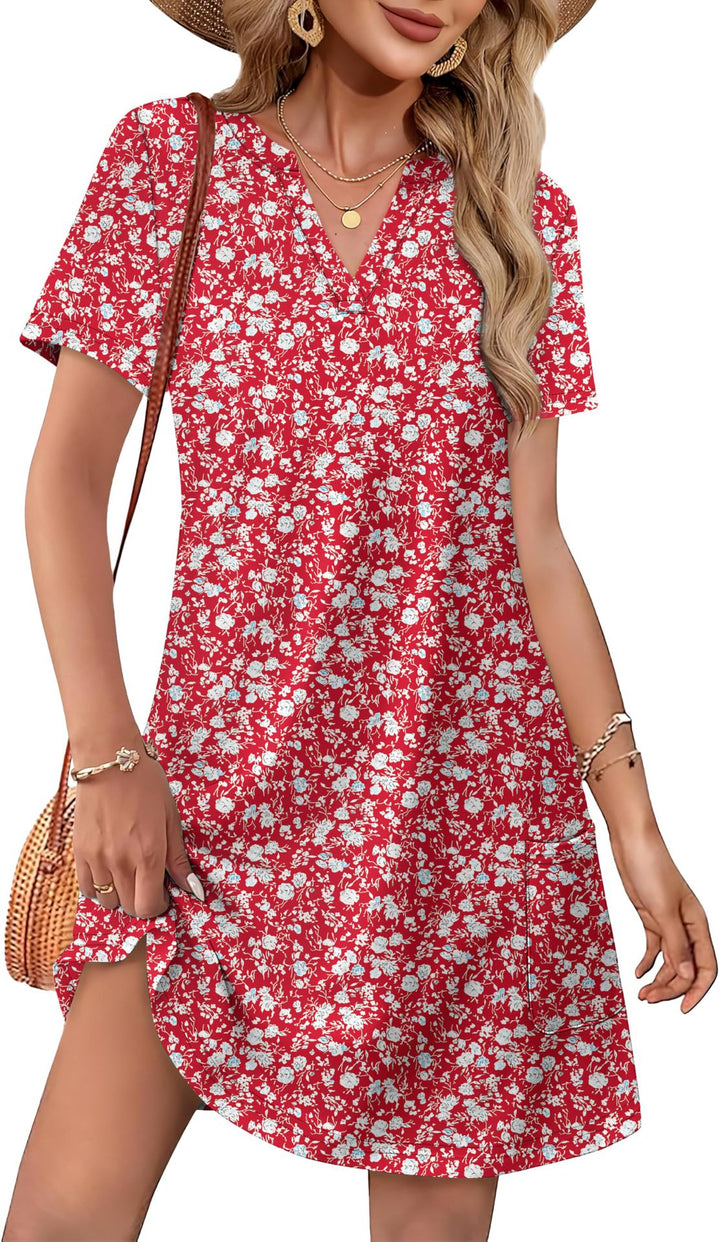 V Neck Short Sleeve Printed A-Line Tunic Dress with Pockets