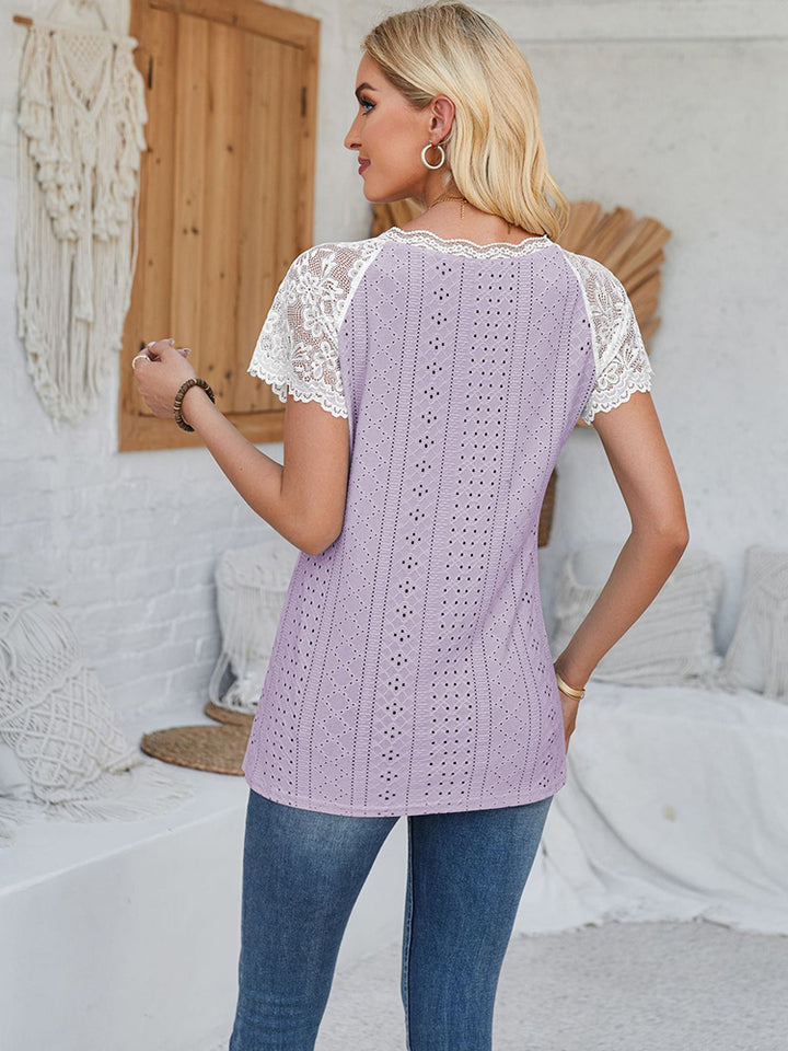New V Neck Lace Splicing Loose Casual Eyelet T-Shirt