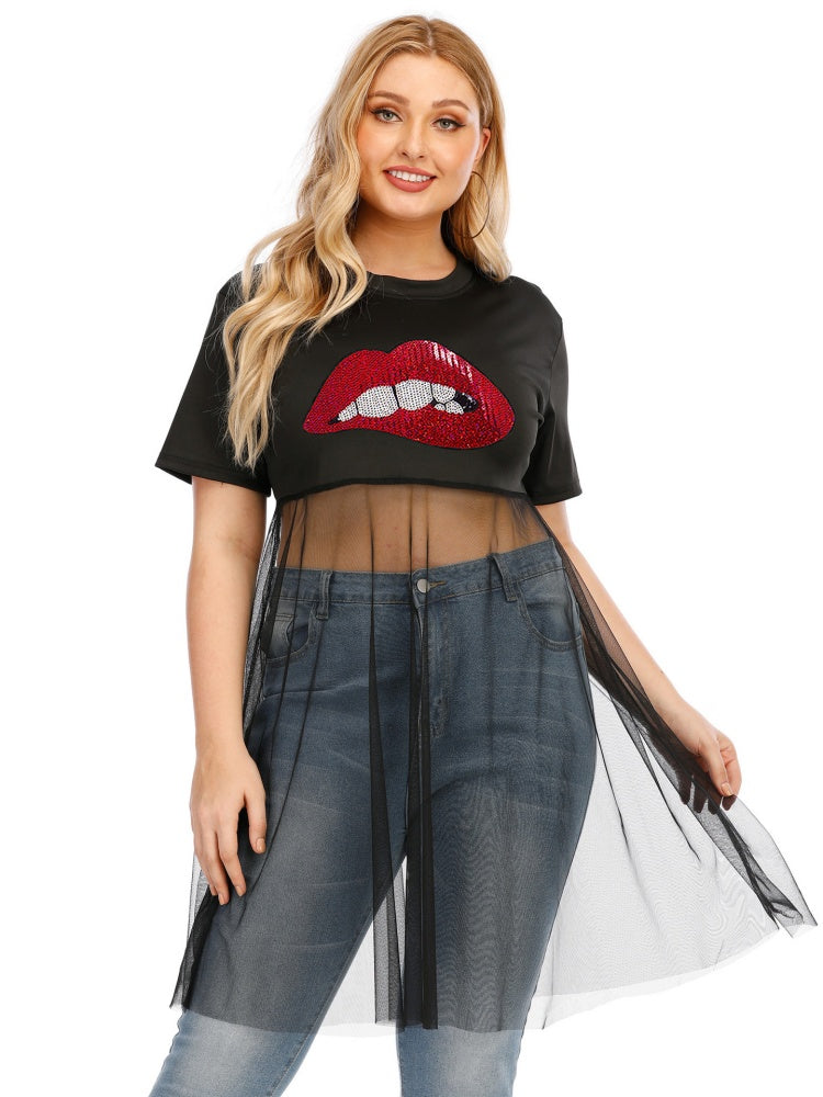 Lip sequin embroidery mesh patchwork T-shirt top