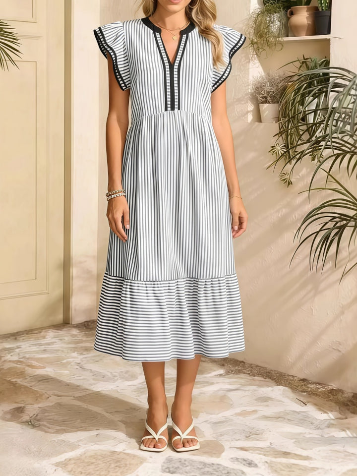 V-neck striped patchwork ruffle sleeve dress