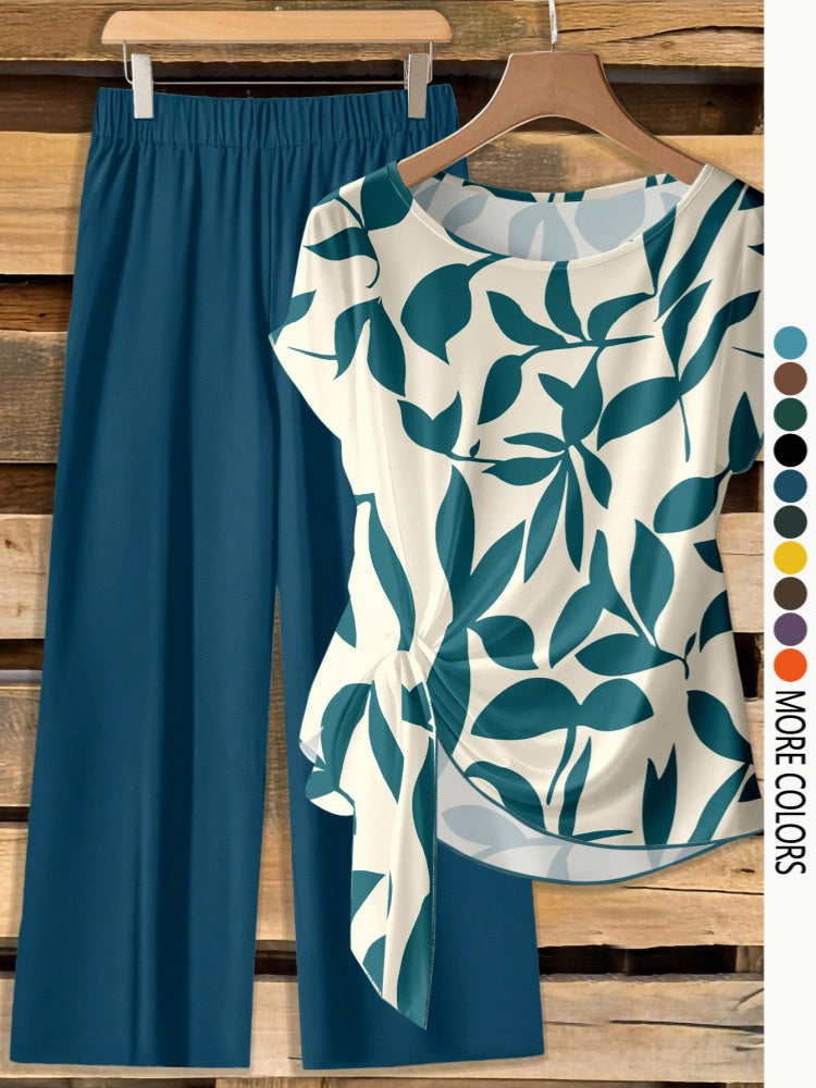 Printed Short Sleeve Twist Top Wide Leg Pants Set
