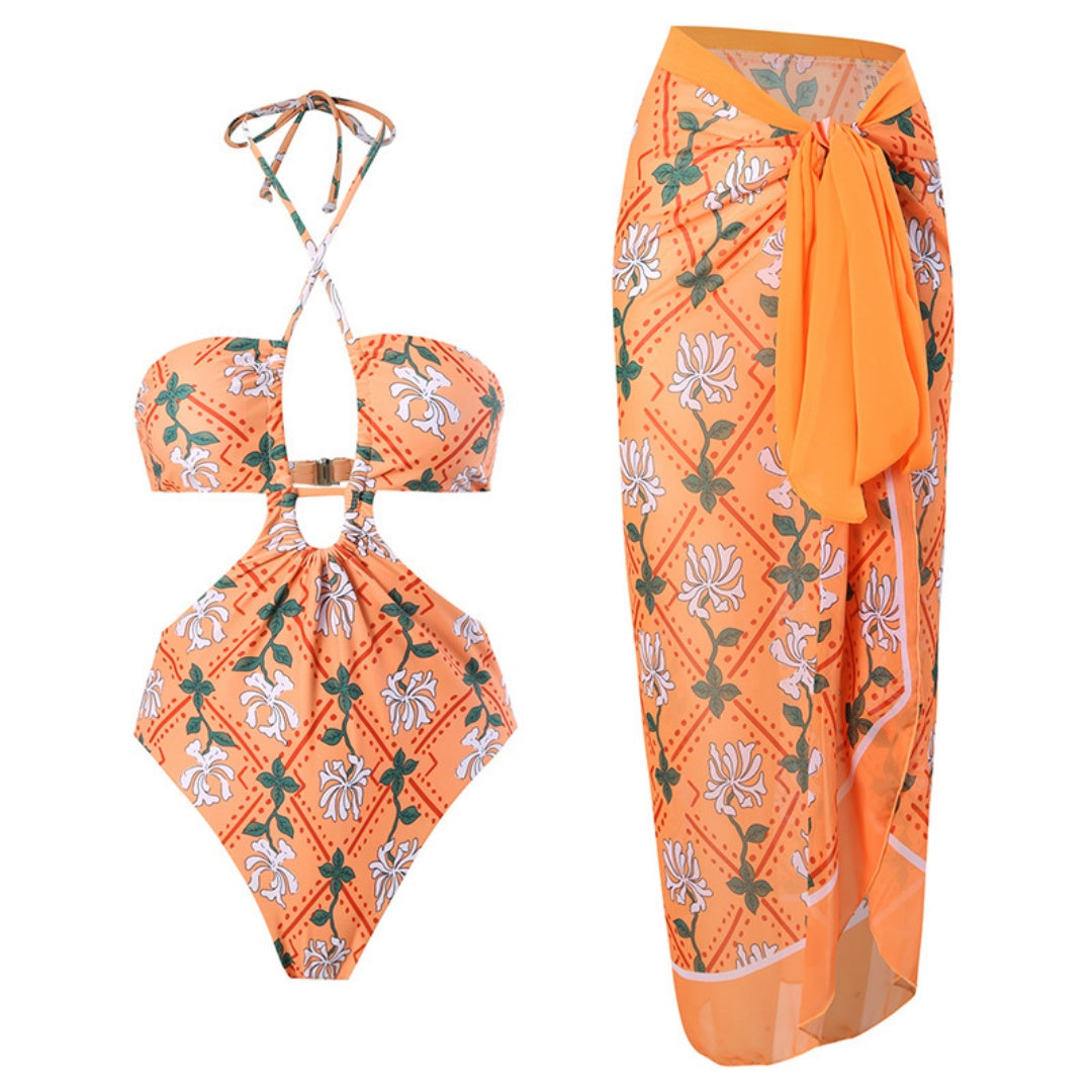 Printed Halter Cutout One Piece Swimsuit &amp; Wrap Skirt Set