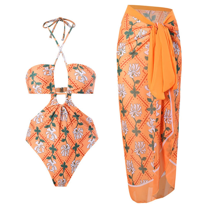 Printed Halter Cutout One Piece Swimsuit &amp; Wrap Skirt Set