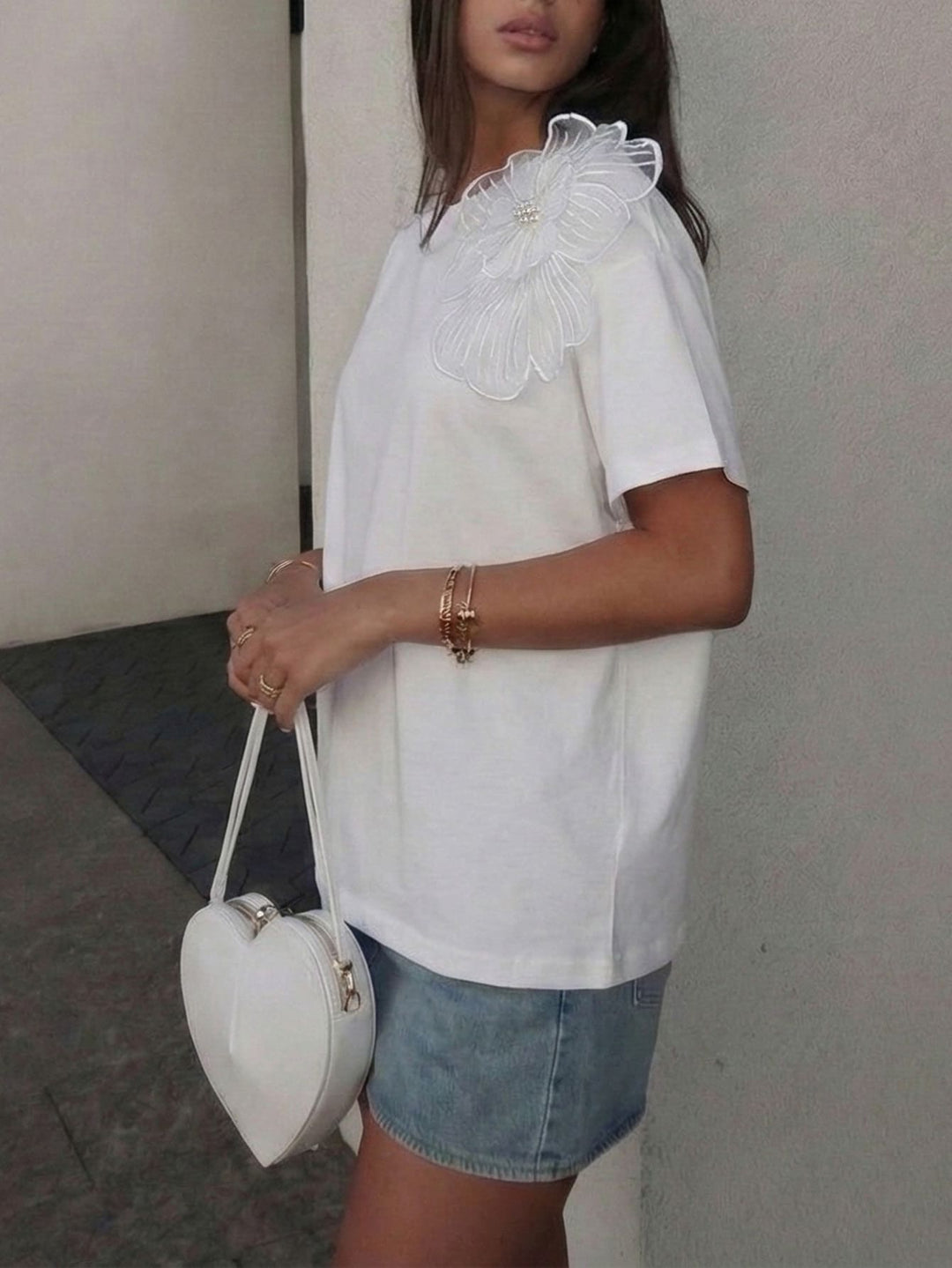3D floral drawstring short-sleeved knit sweater