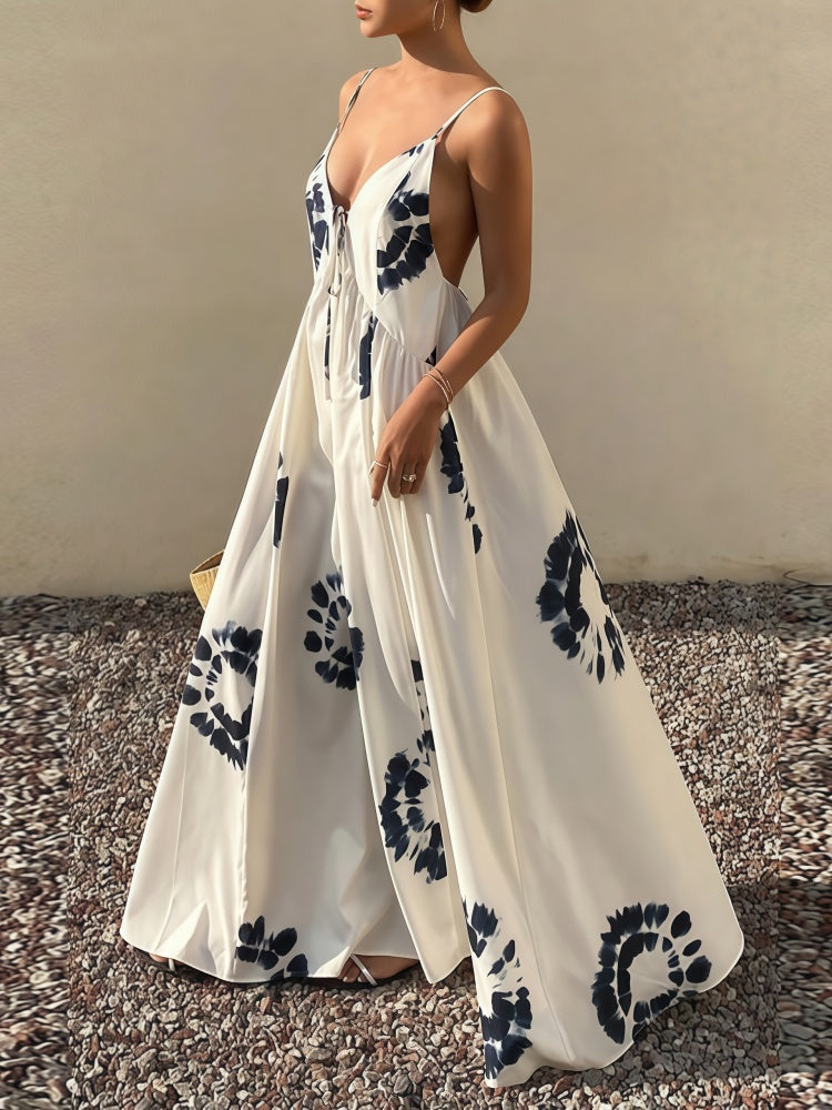 French Elegant Floral Backless Spaghetti Strap Maxi Dress
