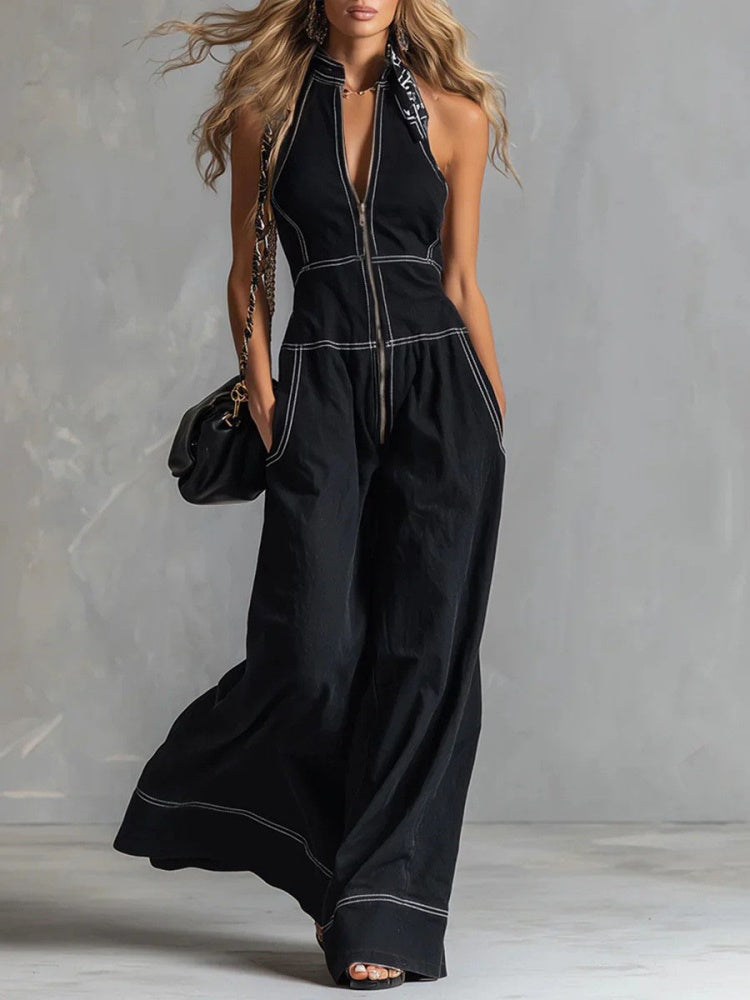Deep V-neck stand-up collar sleeveless casual jumpsuit
