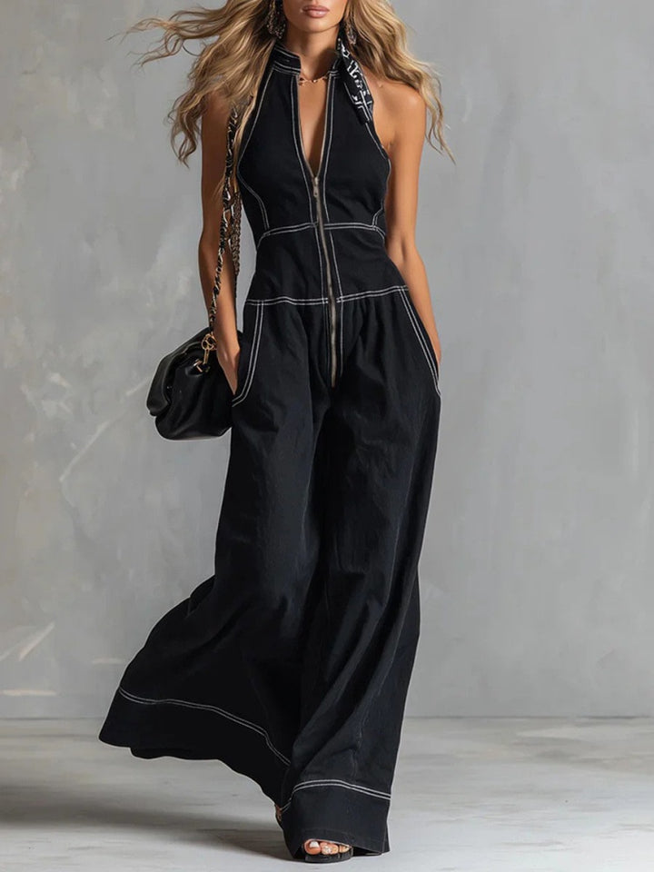Deep V-neck stand-up collar sleeveless casual jumpsuit