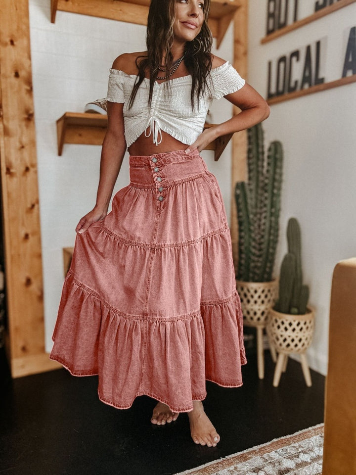 Bohemian A-Line Tiered Denim Maxi Skirt