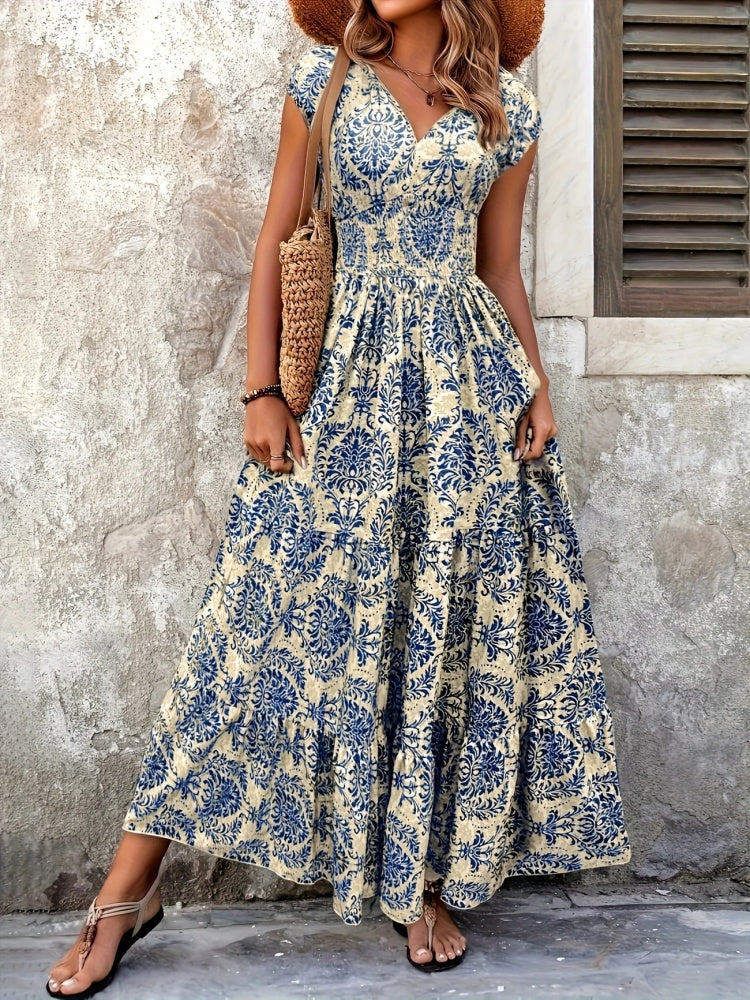 V-neck printed fitted waist maxi dress
