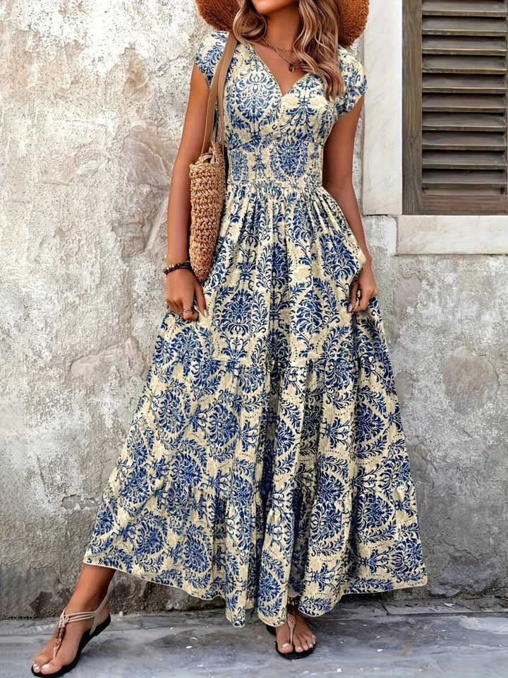 V-neck printed fitted waist maxi dress