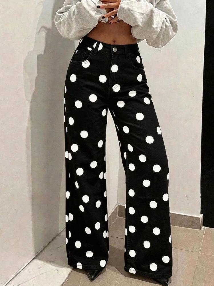 White wide-leg straight-leg jeans with large polka dots