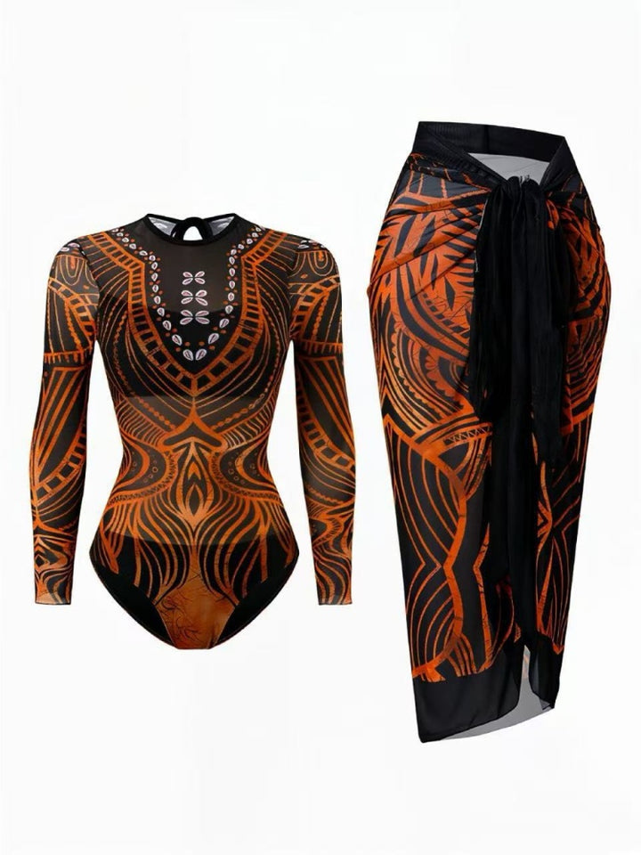 Tie Shoulder One Piece Swim Set with Sarong