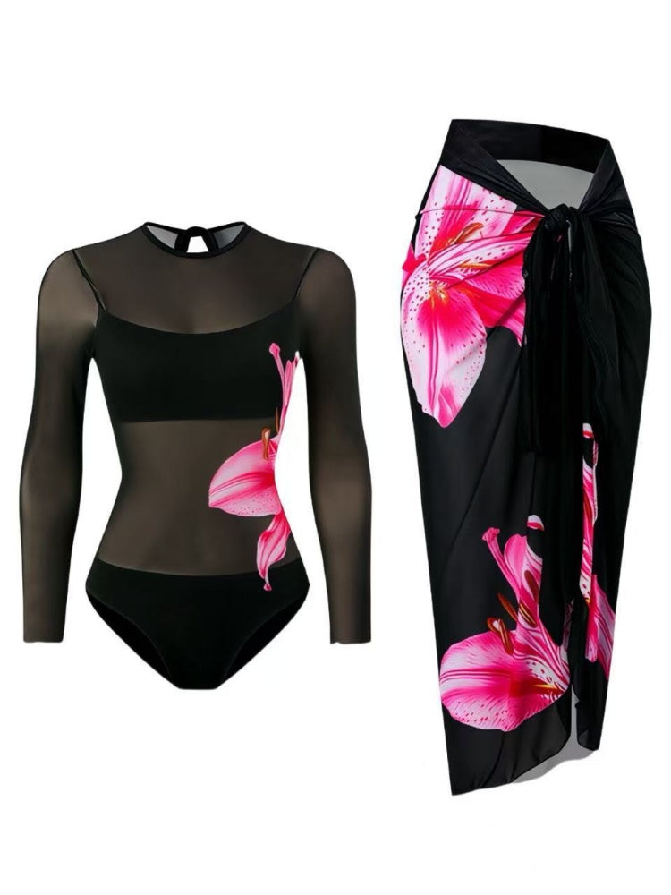 Tie Shoulder One Piece Swim Set with Sarong