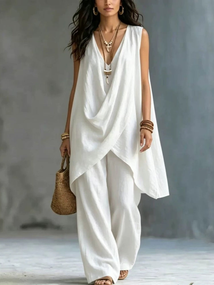Sleeveless Stand Collar Cotton Linen Resort Two Piece Set