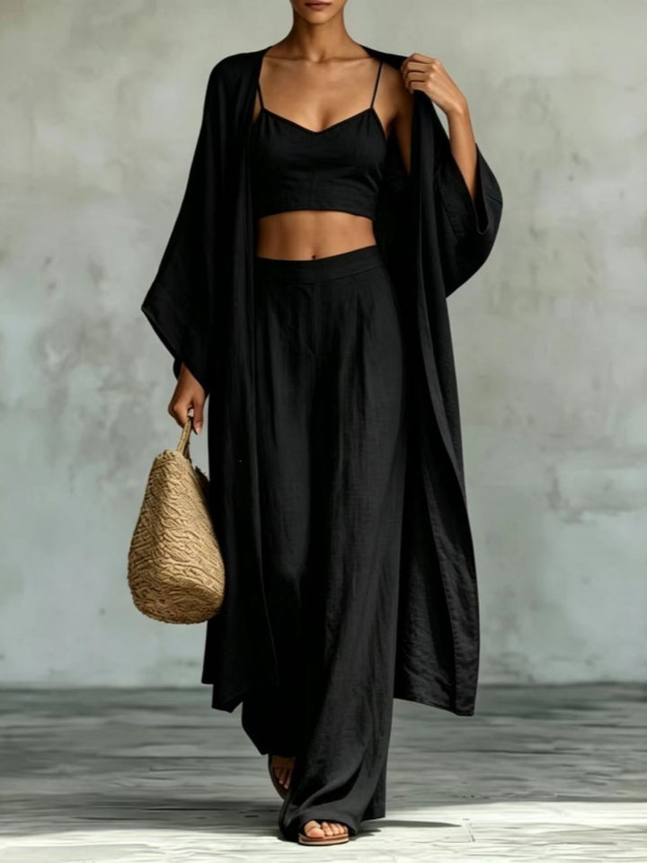 Loose cardigan, camisole, high-waisted wide-leg pants three-piece set