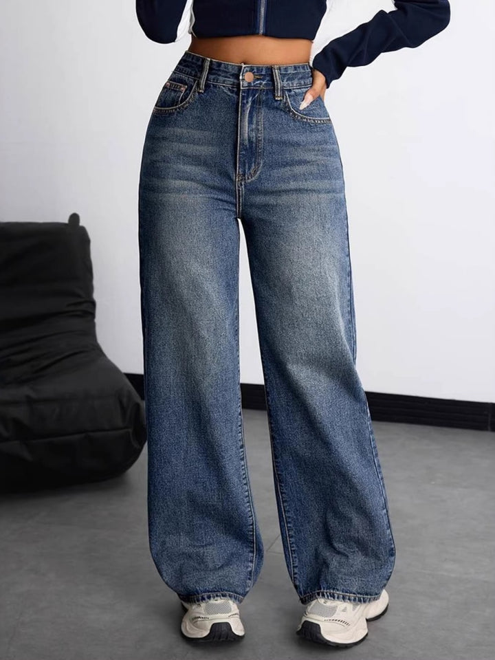 High Waist Vintage Wash Wide Leg Straight Jeans