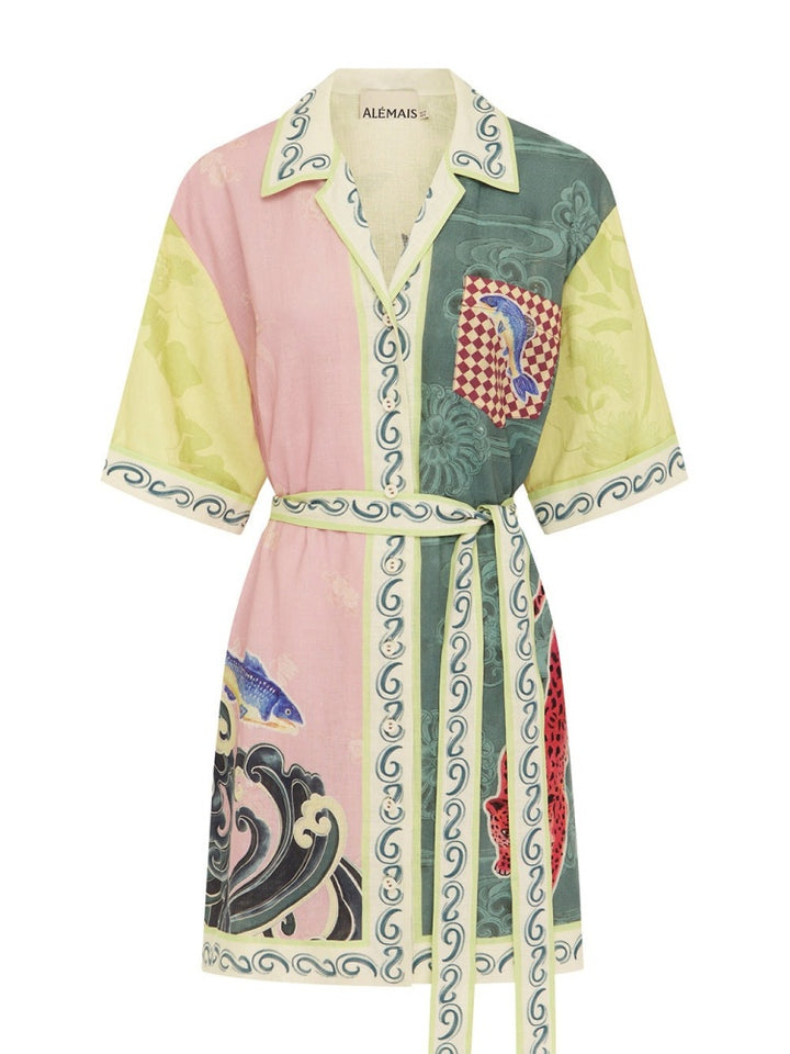 Vintage Marine Print Cotton Linen Shirt Dress - Tie Waist Nautical Mini Dress