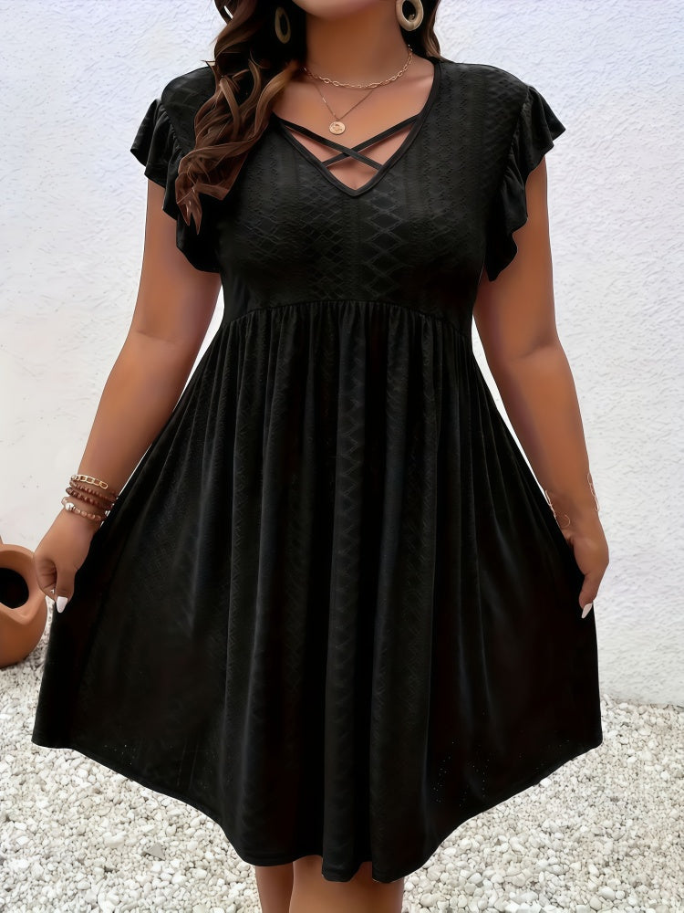 Plus Size Flutter Sleeve V-Neck Dress