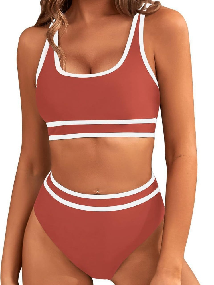 Contrast Trim Stripe High Waisted Bikini Set