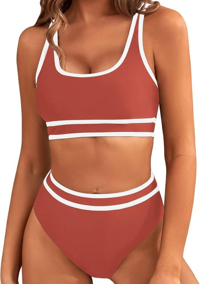 Contrast Trim Stripe High Waisted Bikini Set