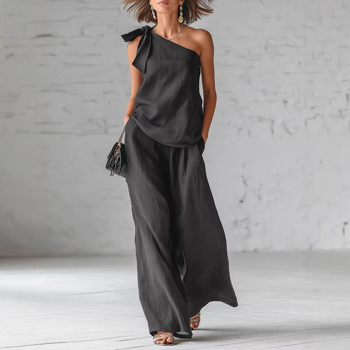Sleeveless one-shoulder top with tie and wide-leg women&