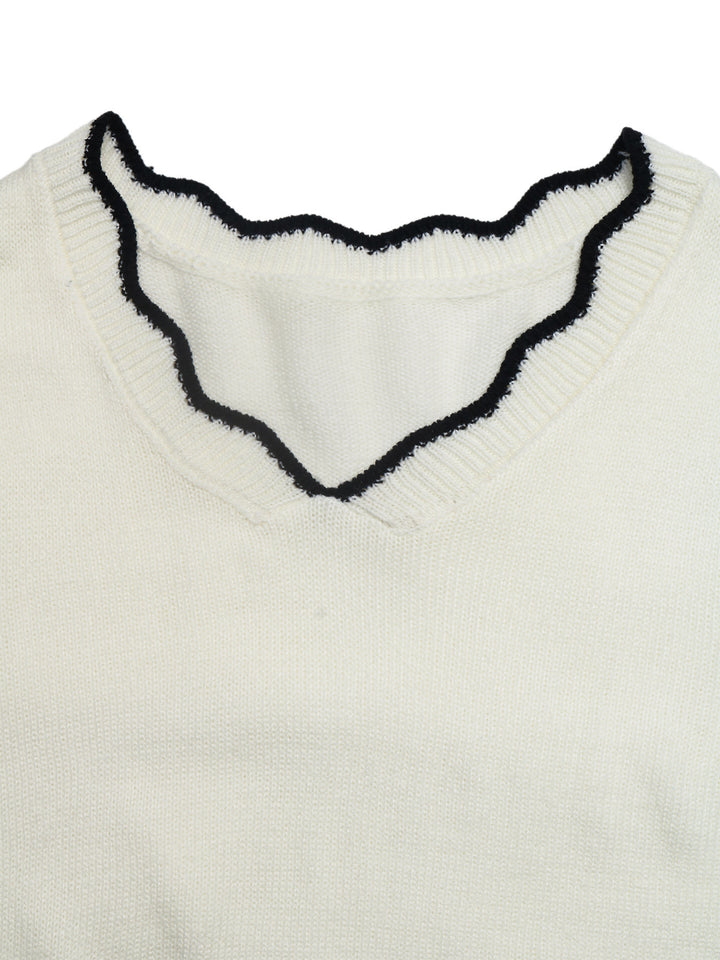 Color-blocked V-neck short-sleeved long-sleeved sweater with wavy trim