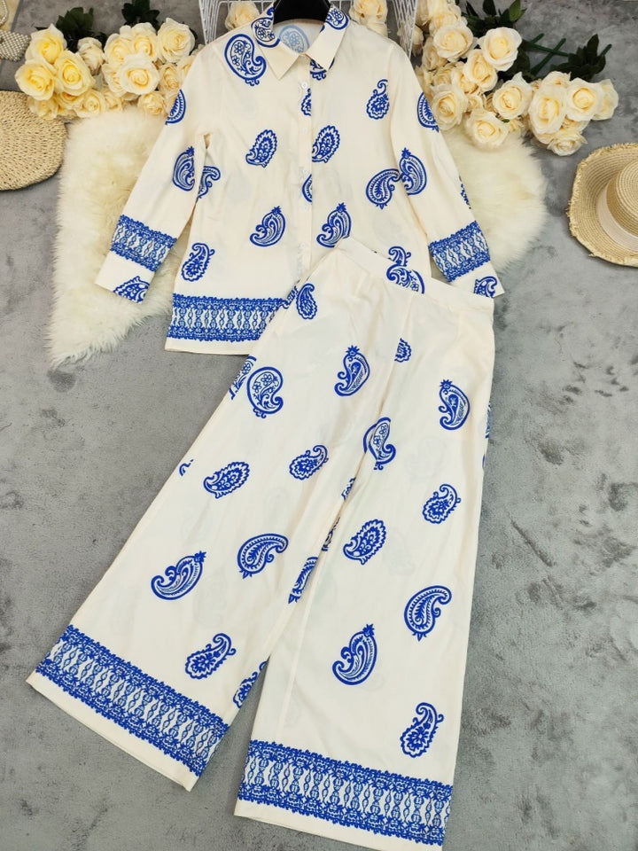 Printed Loose Long-Sleeve Shirt and Pants Two-Piece Set