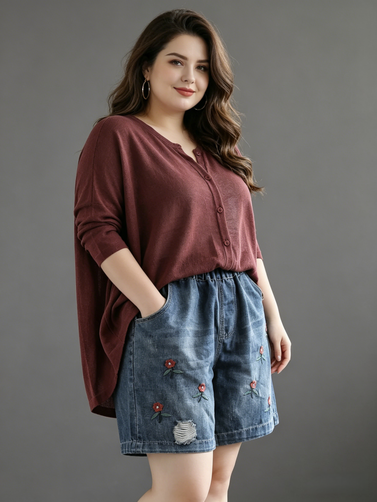 Floral Embroidered High Waisted Denim Shorts