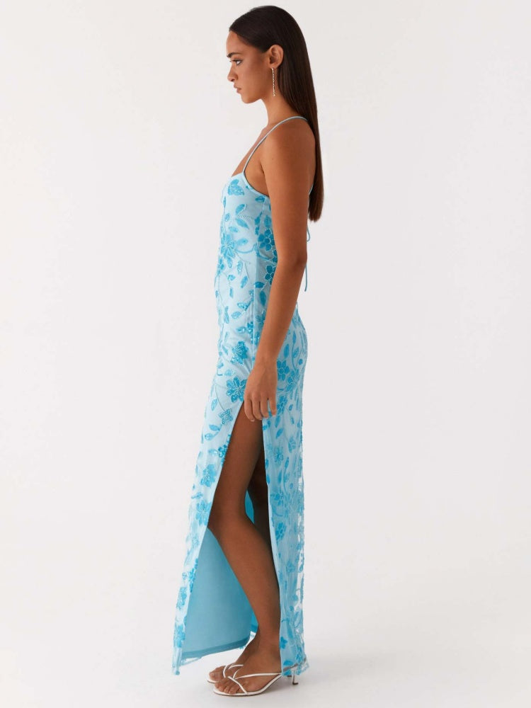 Floral Embroidered Mesh Maxi Dress - Spaghetti Strap Bodycon Evening Gown