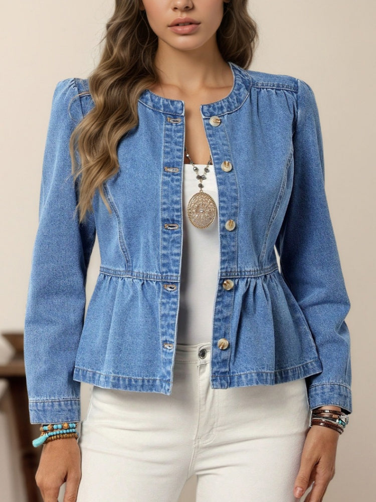 Round Neck Puff Sleeve Peplum Cropped Denim Jacket