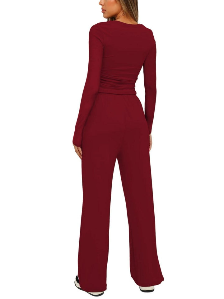 Ruched Long Sleeve Top &amp; Drawstring Wide Leg Pants Set