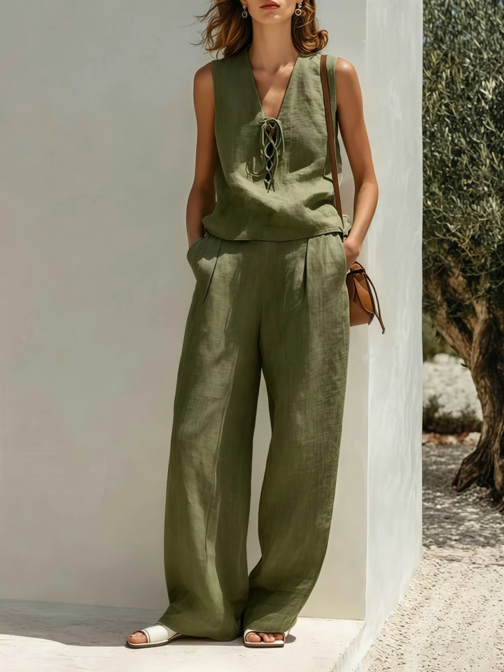 Minimalist tie-waistless top and wide-leg pants suit