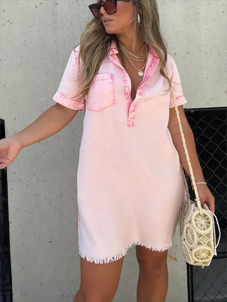 Women’s Collar Denim Skirt Tassel Hem Dress
