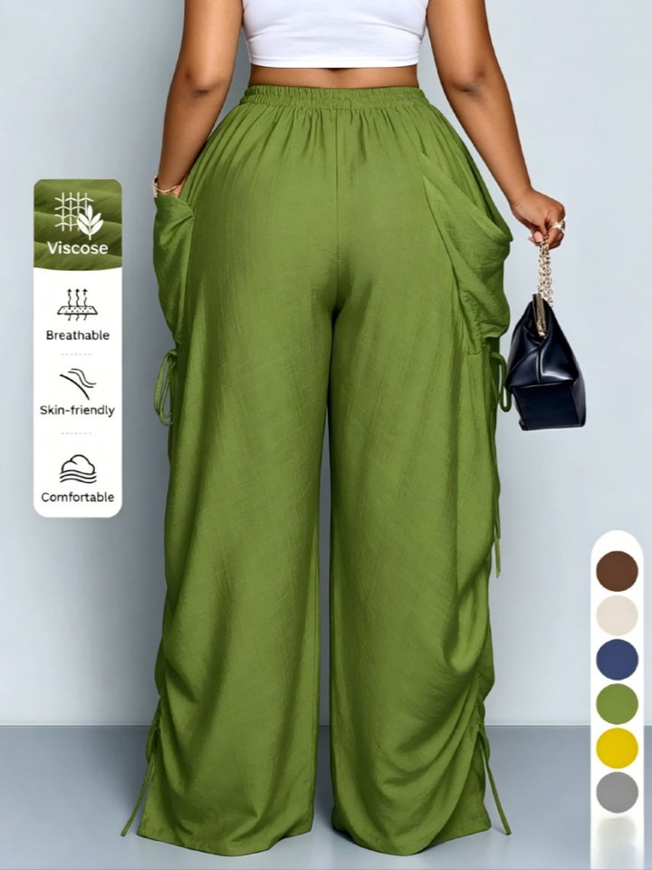 Plus Size Drawstring Ruched Wide Leg Cargo Pants with Pockets