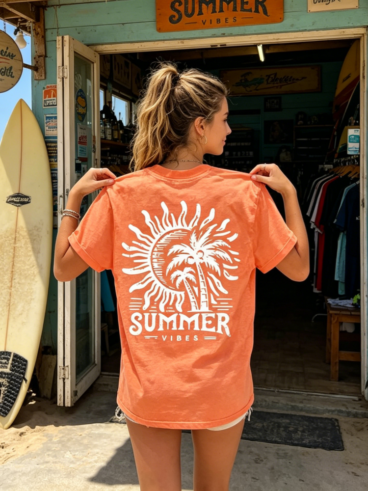 Summer Vibes Sun &amp; Palm Print V-Neck T-Shirt