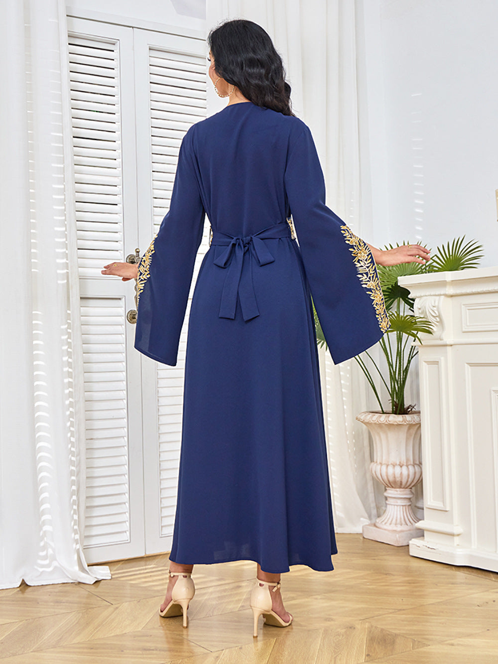 Gold Embroidered Wrap-Front Abaya Maxi Dress