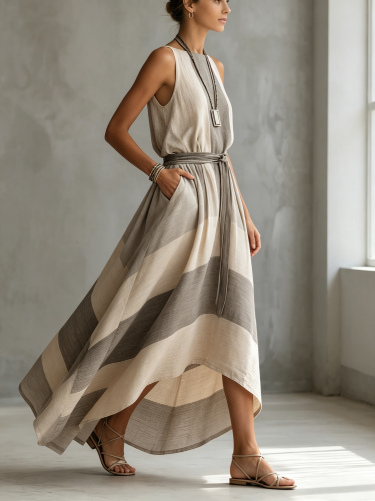 Sleeveless striped tie-up asymmetrical dress