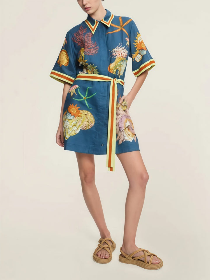 Vintage Marine Print Cotton Linen Shirt Dress - Tie Waist Nautical Mini Dress