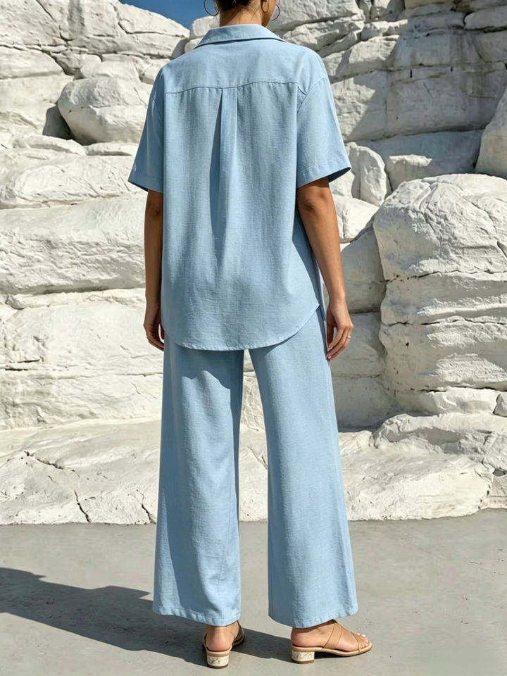 Stylish and casual solid color shirt and trousers two-piece women&