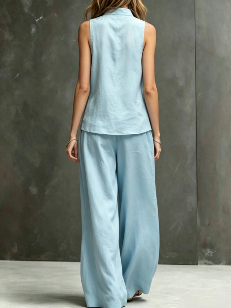 Sleeveless vest, wide-leg pants, cotton and linen two-piece set