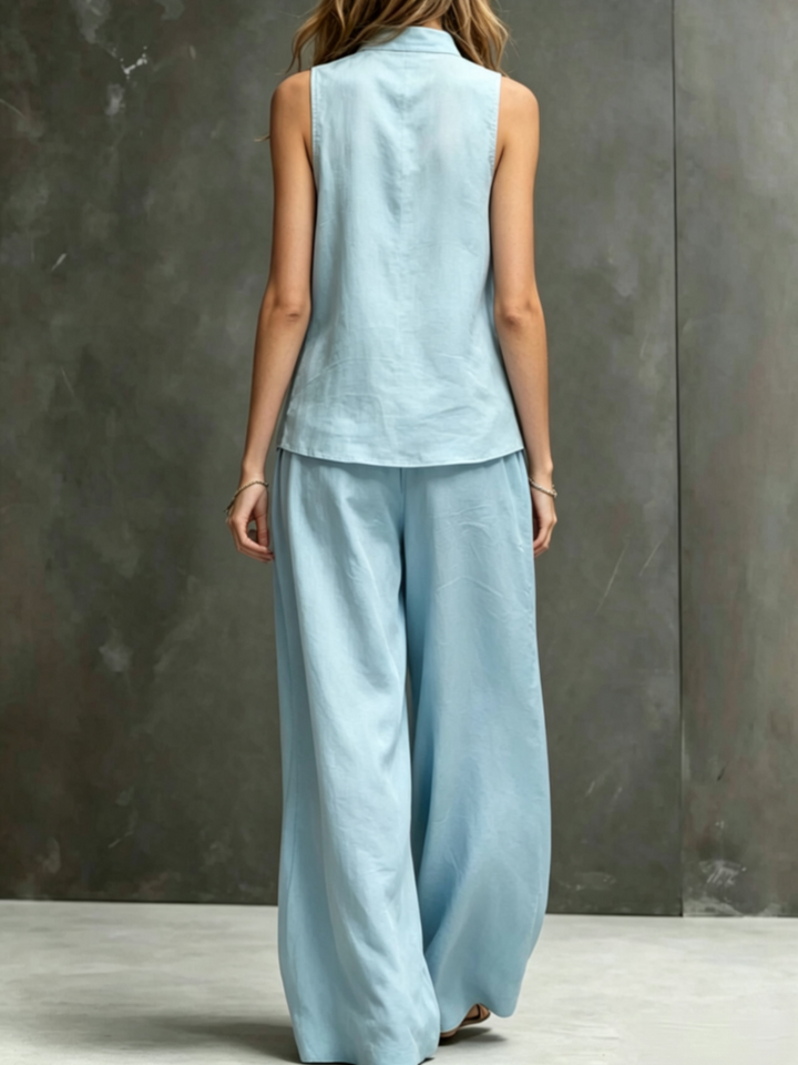 Sleeveless vest, wide-leg pants, cotton and linen two-piece set