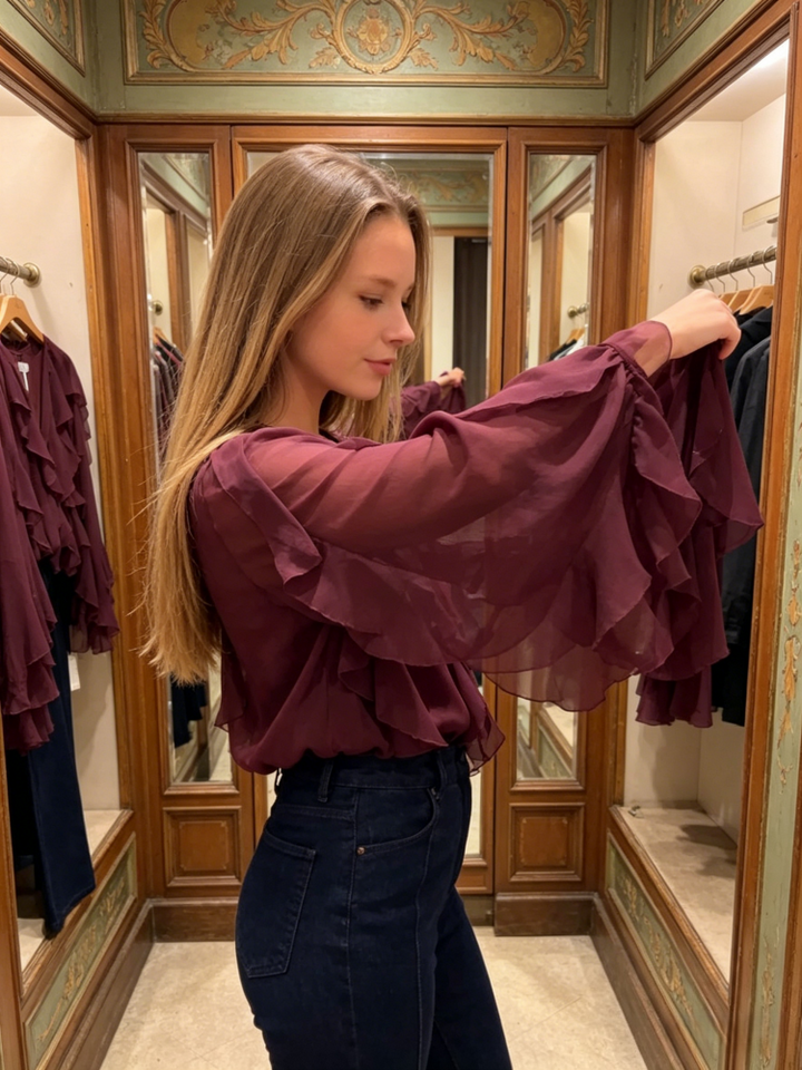 V-Neck Ruffled Long Sleeve Blouse