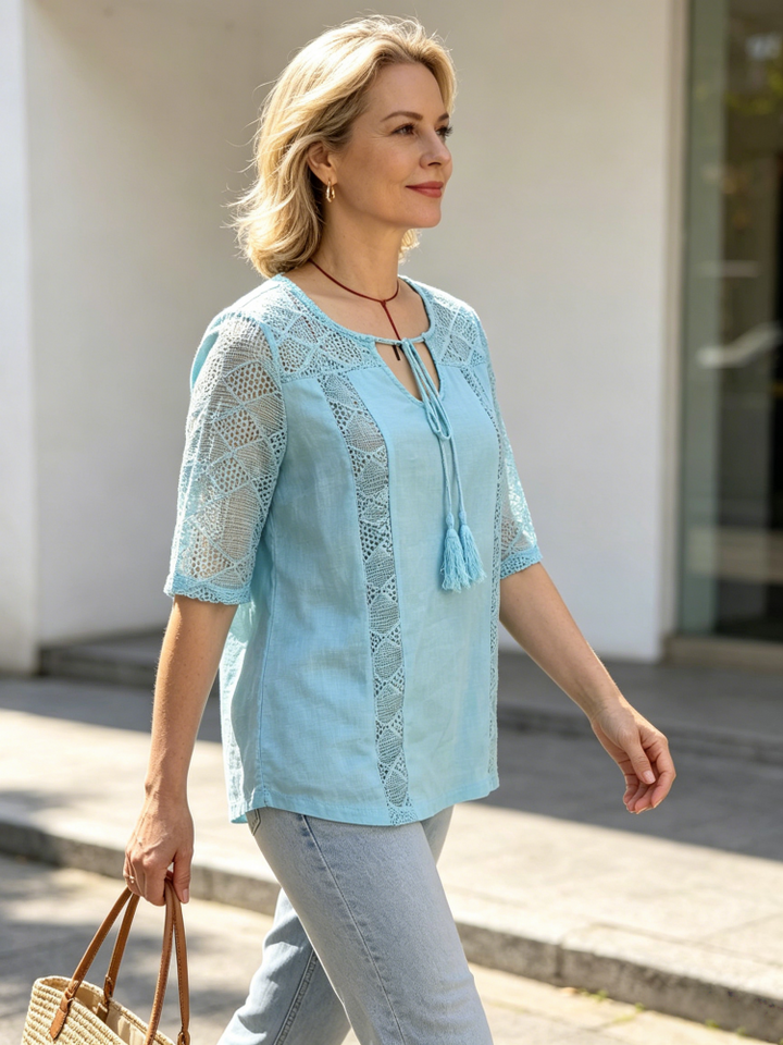 U-Neck Tassel Tie Hollow Lace Patch Blouse