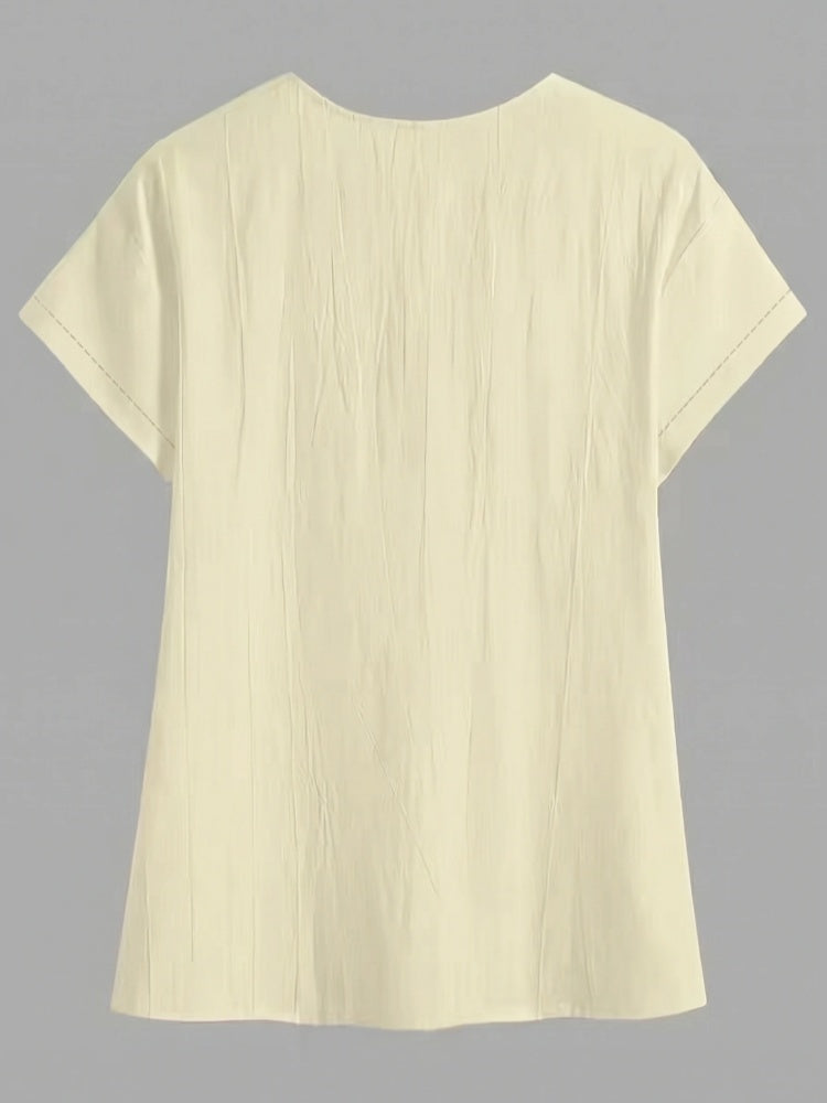 V Neck Cap Sleeve Button Front Textured Pullover Blouse