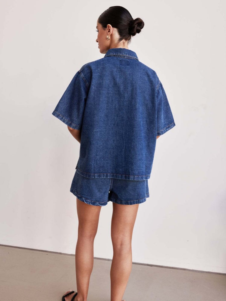 Denim Short Sleeve Shirt &amp; Elastic Waist Shorts Two-Piece Set